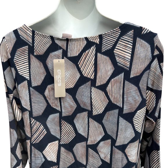 Chico's Tunic NWT Long Sleeve Crew Neck Geometric Pullover Black & Tan Size 0 - Picture 4 of 8